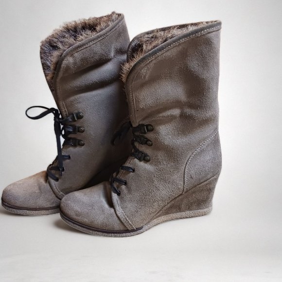 *5/35* Pegabo Tan Suede Faux Fur Trimmed Lace Up Winter Boots  Size 6.5 - Picture 12 of 16